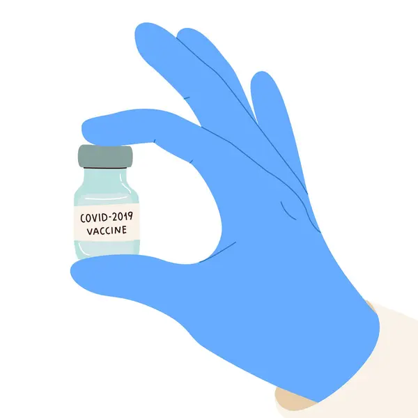 Лікарі або науковці, що займаються медичною рукавичкою, тримають вакцину Covid-19 флакон. Вірусні мутації, концепції коронавірусів.. — стоковий вектор