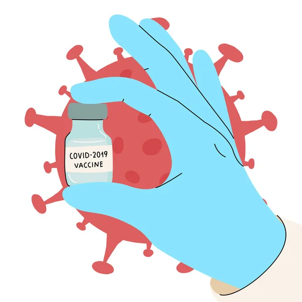 Банер вакцин Covid-19. Лікарі, рука вченого в медичній рукавичці тримають вакцину флакон на коронавірусному фоні . — стоковий вектор