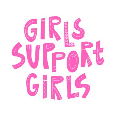 Sevimli pembe harfli kızlar kızları destekliyor. Çizgi film biçimi izole edilmiş çizim.
