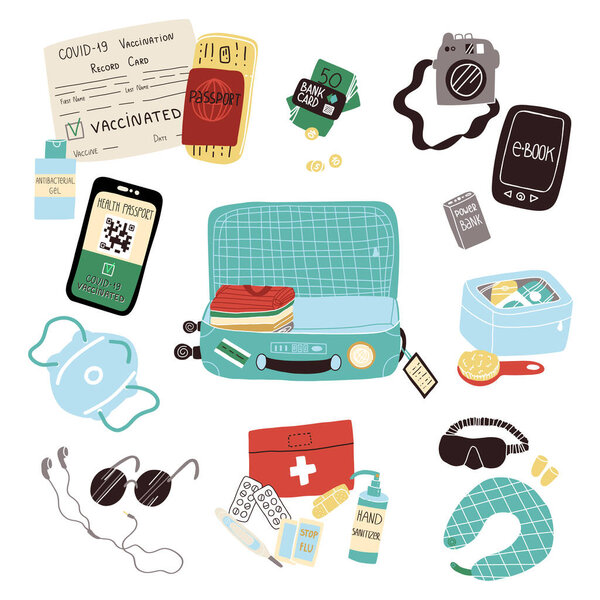 Travel during Covid-19 pandemic.A suitcase, first aid kit and medical face mask, Health pass app or Vaccination card etc