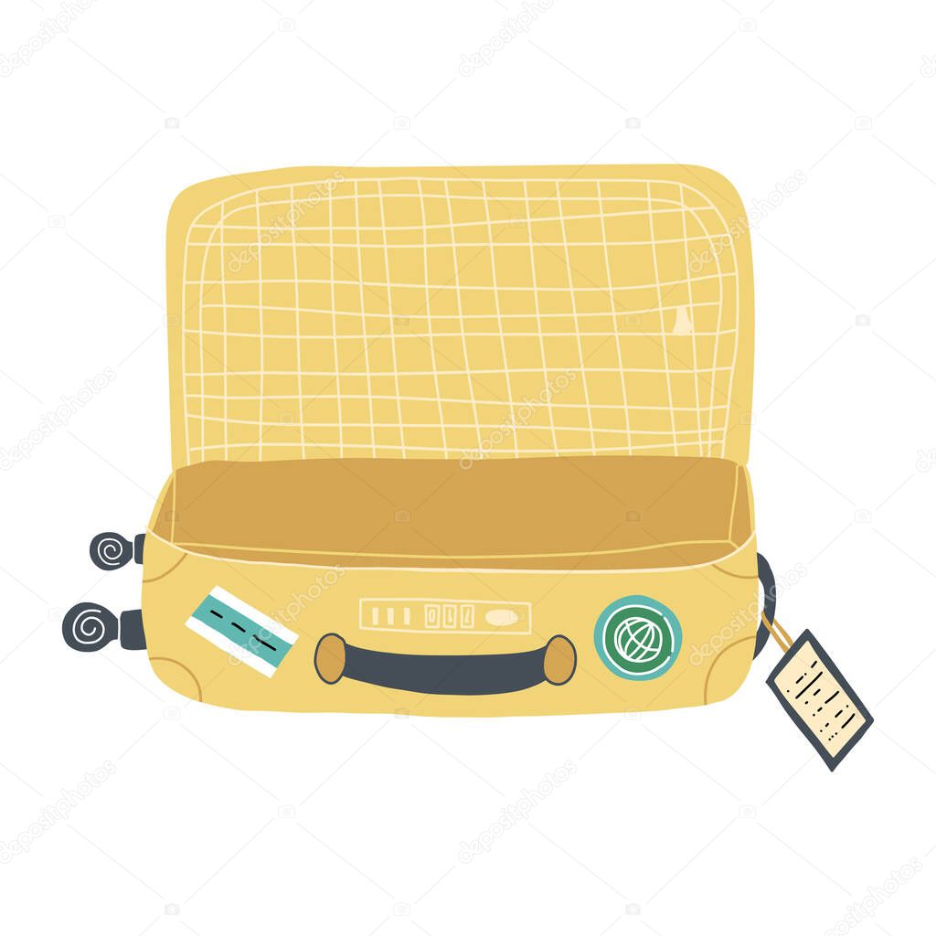 An open yellow suitcase, empty and ready for packing and travel. Cartoon style hand-drawn illustration.