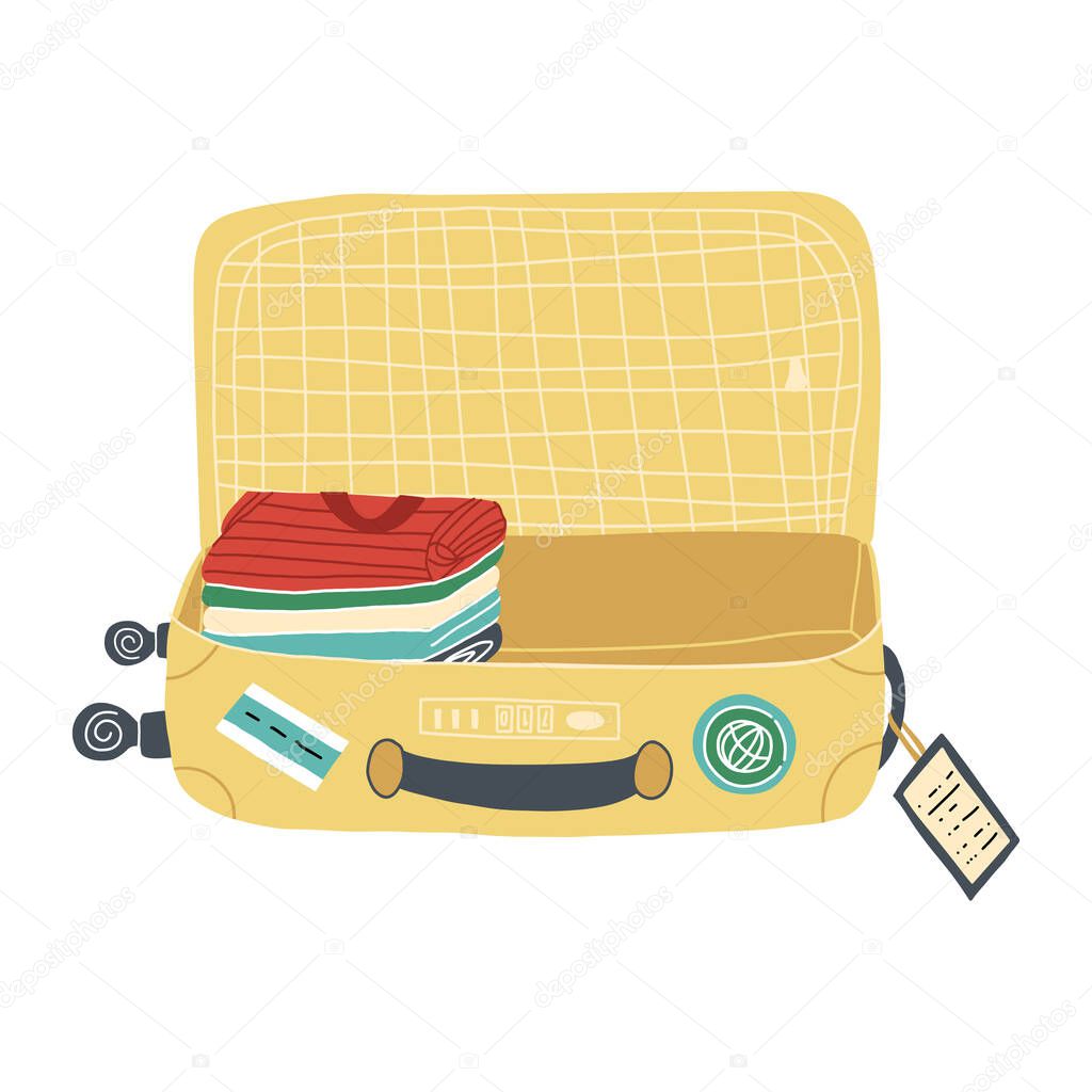An open yellow suitcase with stack of clothes. Vector cartoon hand-drawn illustration.