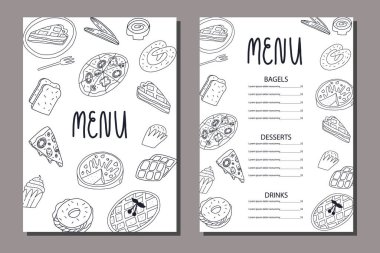 Kek restoranı, kafe menü şablonu. Çeşitli Amerikan, Belçika, İtalyan geleneksel fırını ve pastası. Çizgi film afişi.