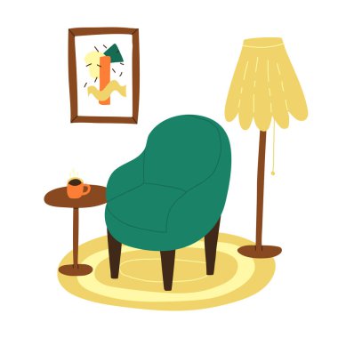 Oturma odasının içi güzelmiş. Samimi okuma koltuğu, kahve masası ve yakınlardaki lamba, duvarda resim posteri.. 