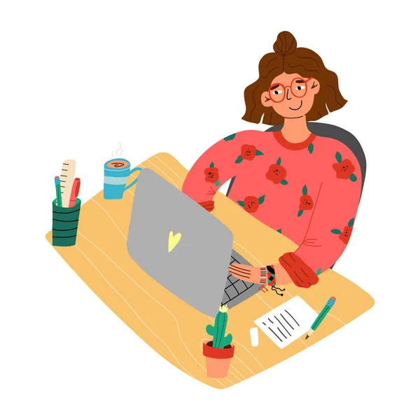 Writer, blogger, student girl work on a laptop. Online classes, distant learning and study, home office concept. — Stock Vector