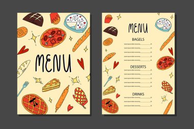Kek restoranı, kafe menü şablonu. Çeşitli Amerikan, Belçika, İtalyan geleneksel fırını ve pastası. Çizgi film afişi.