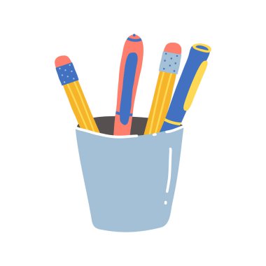 Bardaktaki yazı aletleri. Bir kalem ve bir grafit yazı okulu kalemi ve sonunda da silgi. Şirin vektör illüstrasyonu