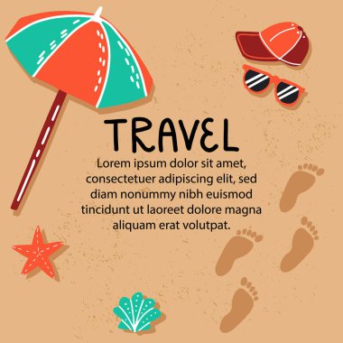 Çizgi film tarzı seyahat şablonu metin için yer alıyor. Kumsal, ayaklı kum, deniz kabuğu, güneş gözlüğü ve güneş gözlüklü şapka.
