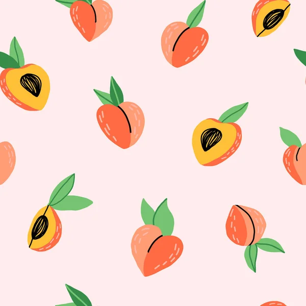 Pembe arka planda şeftalili, şeftali aromalı, pürüzsüz desen. Tekstil, kumaş, ambalaj kağıdı ve diğer şeyler için karikatür çizimi