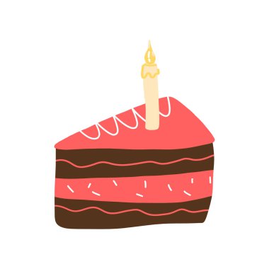 Çikolata ve çilekli kek parçası ve yanan bir mum. Yıldönümü, doğum günü kutlaması sembolü. 