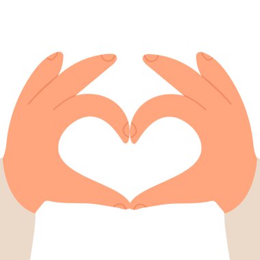 İki el kalp işareti gösterir, aşk sembolü. Hoşgörü, insanlaştırma konsepti. Sevimli pankart, metin için yeri olan kart şablonu.