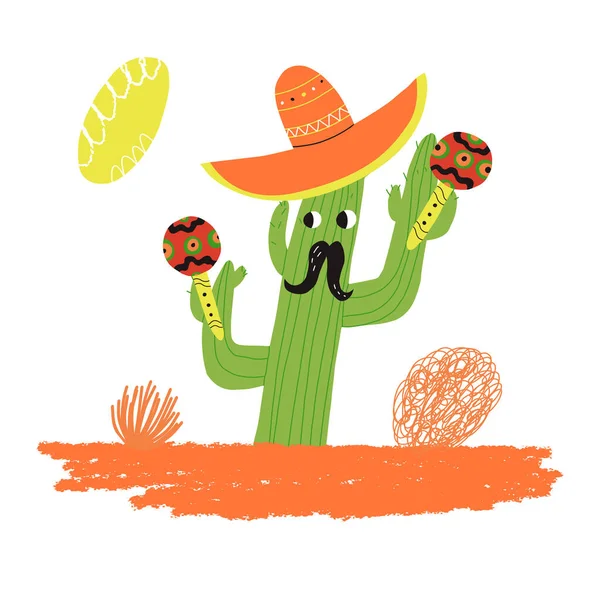 Personagem de cacto com bigodes em um chapéu sombrero joga maracas, tombada nas proximidades. Cinco de Maio, quinto de Maio. — Vetor de Stock