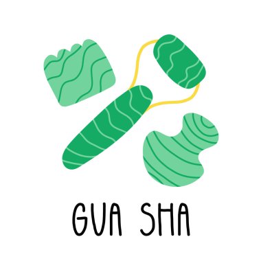 Çeşitli gua sha veya yeşim kristal kazıyıcı, yüz silindiri, masaj aleti. Kişisel bakım, yüz yaşlanma önleyici ve vücut bakımı spa araçları.