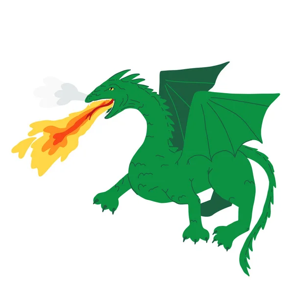 Mýtické stvoření, děsivé zelené draky, chrlí z tlamy plameny a kouř. Kreslený vektor izolované ilustrace — Stockový vektor