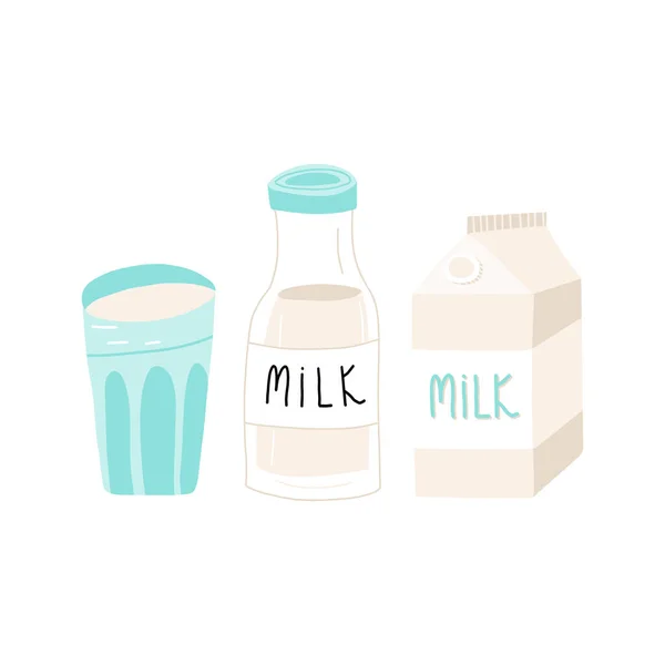 Schattig met de hand getrokken glas met melk, fles en kartonnen doos verpakking met belettering. Vector cartoon illustratie. — Stockvector