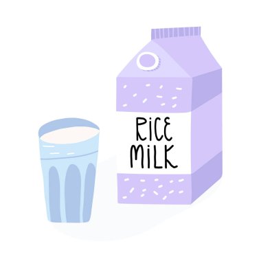 Vejetaryen laktozsuz pirinç sütü ve karton ambalajlı şirin el yapımı bardaklar. Vektör illüstrasyonu.