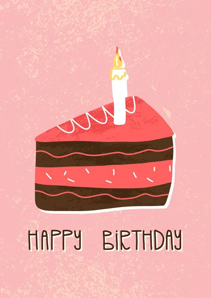 Feliz cumpleaños letras y rebanada de chocolate y pastel de fresa rebanada sobre fondo texturizado rosa. Tarjeta de felicitación. — Archivo Imágenes Vectoriales