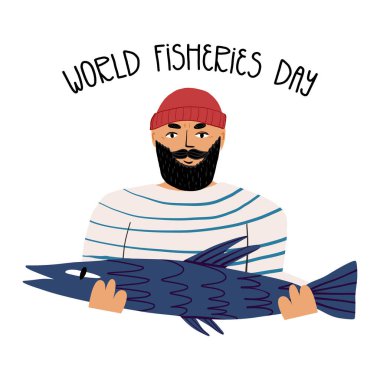 Dünya Balıkçılık Günlüğü el yazısı ve çizgili yelek giyen sakallı bir denizci büyük bir balık yakaladığını gösteriyor. Tebrik kartı tasarımı.