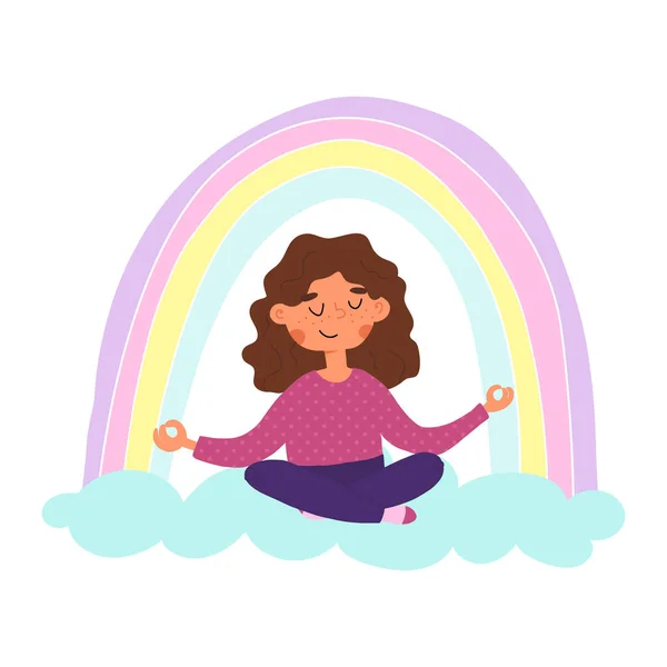 Schattig meisje zit op de wolk en mediteert in lotushouding, de regenboog boven haar hoofd. Positieve vibes, rustig kind concept. — Stockvector