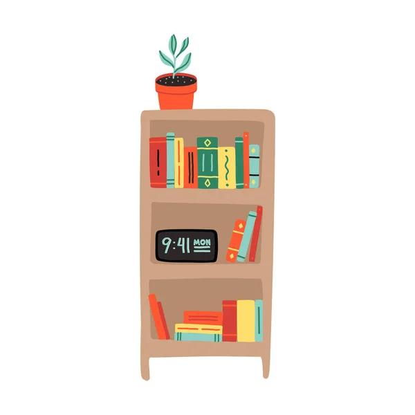 Söt tecknad bokhylla med några pocketböcker, läroböcker, väckarklocka och krukväxter. Sovrumsmöbler. — Stock vektor