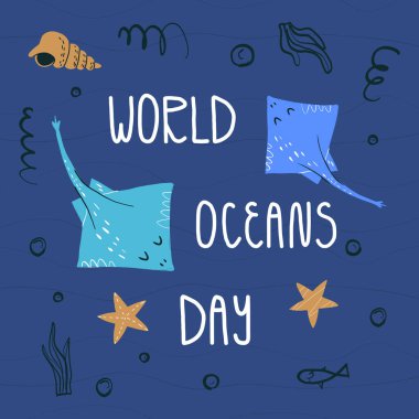 Dünya Okyanus Günü tebrik kartı. Mektup ve iki kramp, deniz yıldızları, kabuk ve karalama balıklarıyla çevrili..
