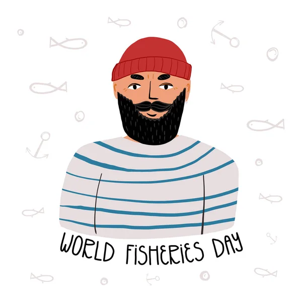 Journée mondiale de la pêche lettrage, un marin barbu en gilet rayé sourit. Doodle poissons et ancres autour. Carte de voeux. — Image vectorielle