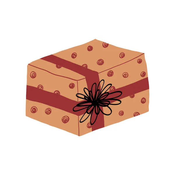 Roztomilá tečkovaná dárková krabice s mašlí a mašlemi. Boho barvy vektor izolované ilustrace. — Stockový vektor