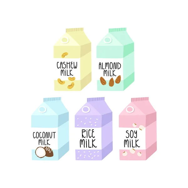 Set of various cow milk alternatives, vegan or vegetarian milk - cashew, almond, rice, coconut, soy. — Stock Vector
