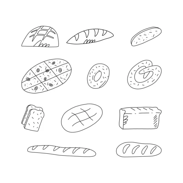 Lindo juego de garabatos de varias clases tradicionales de pan francés, italiano y otros. Dibujos animados vector ilustración aislada. — Archivo Imágenes Vectoriales