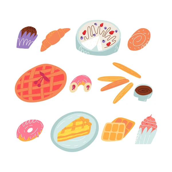 Niedliche verschiedene Bäckerei Desserts Set. Traditionelles amerikanisches, französisches, spanisches Gebäck, Kuchen und Süßigkeiten. — Stockvektor