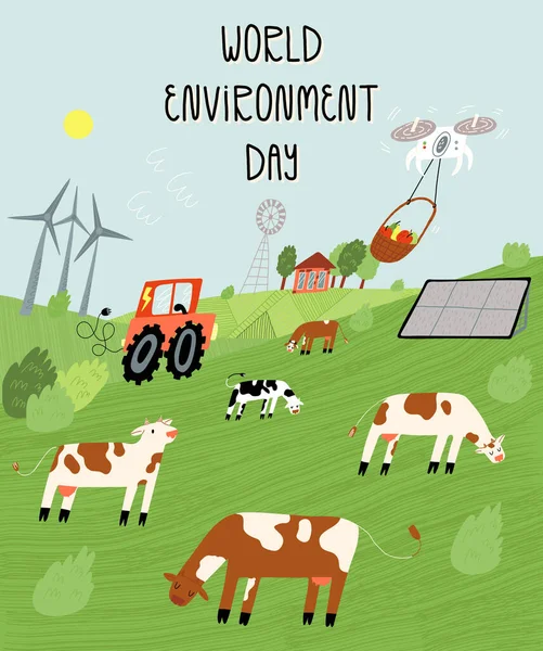 Día Mundial del Medio Ambiente. Campos con vacas, molinos de viento, combinador eléctrico, paneles solares, entrega de quadcopter. — Archivo Imágenes Vectoriales