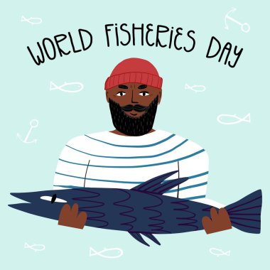 Dünya Balıkçılık Günlüğü el yazısı ve çizgili yelek giyen sakallı bir denizci büyük bir balık yakaladığını gösteriyor. Tebrik kartı tasarımı.