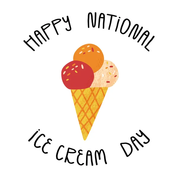 Happy National Ice Cream Day lettering mano e carino cartone animato estate cono fresco con varie palline di frutta di gelato — Vettoriale Stock