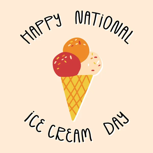 Happy National Ice Cream Day lettering mano e carino cartone animato estate cono fresco con varie palline di frutta di gelato — Vettoriale Stock