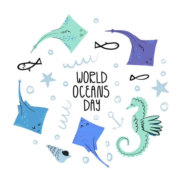 Journée mondiale des océans carte. Lettrage, hippocampe, crampons entourés d'étoiles de mer, coquillages et gribouillis, bulles. — Image vectorielle
