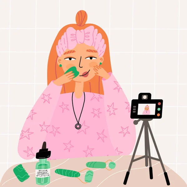Блоггер девушка показывает свою красоту рутины с гуа ша скребок и лицо сыворотки и процесс записи на цифровой камере. — стоковый вектор