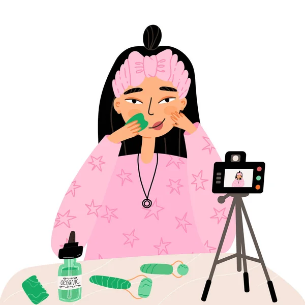 博客女孩用瓜沙刮胡刀、面部血清和数码相机记录她的美容过程. — 图库矢量图片