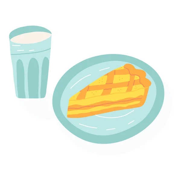 Un pezzo di torta al limone e un bicchiere di latte. Pranzo con bevande e dessert. Graziosa illustrazione vettoriale isolato. — Vettoriale Stock