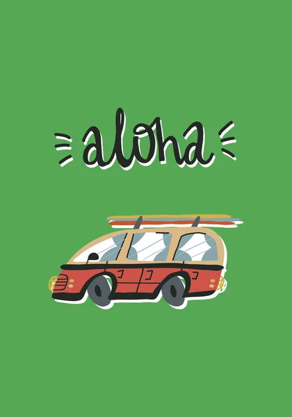 Güzel bir yaz kartı tasarımı. Çizgi film otobüsünün üstünde sörf tahtası ve el yazısı Aloha.. — Stok Vektör
