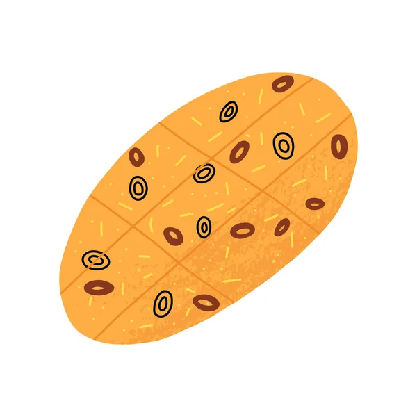 Un lindo pan de cocina tradicional italiana, merienda de pastelería focaccia con aceitunas y queso. Dibujos animados vector alimentación ilustración — Archivo Imágenes Vectoriales