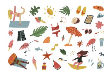 Sevimli yaz tatili tasarım elementleri ve karakter seti. Meyveler, yapraklar. Sörfçü kız, yoga yapan kadın, güneş banyosu yapan..