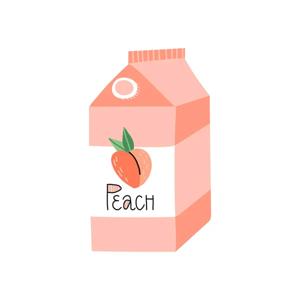Niedlicher handgezogener Pfirsichsaft, Getränk in einer Kartonverpackung mit Schriftzug. Vektorillustration. — Stockvektor