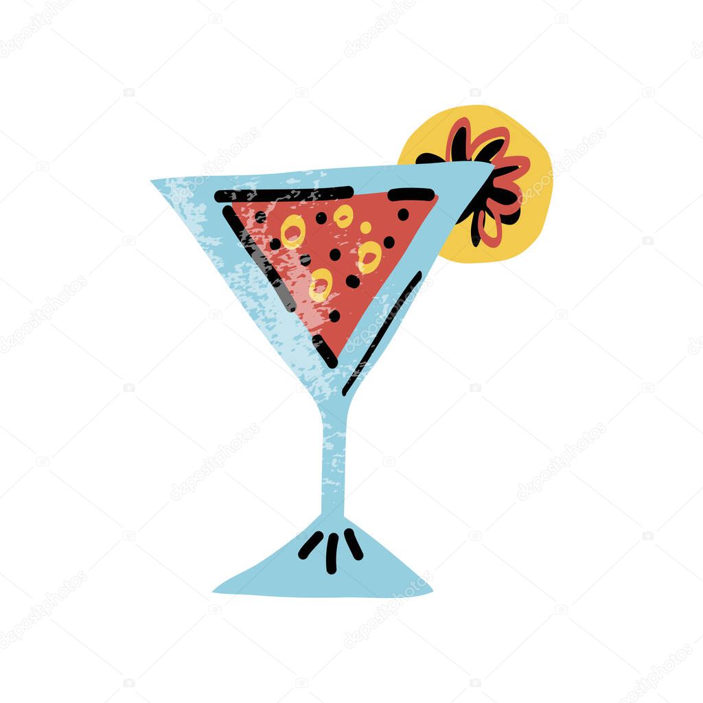 Trendy hand-drawn refresher summer cocktail icon in vermouth or wine glass. Cartoon vector isolated illustration.