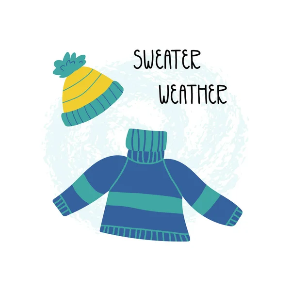 Lindo diseño de tarjetas de otoño e invierno. Acogedor suéter de punto cálido, sombrero pompón de lana y letras de la mano Suéter tiempo. — Archivo Imágenes Vectoriales