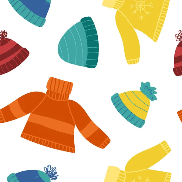 Ropa caliente patrón sin costuras. Lindos suéteres de punto, sombreros pompón, frijoles calientes. Dibujos animados ilustración aislada. — Archivo Imágenes Vectoriales