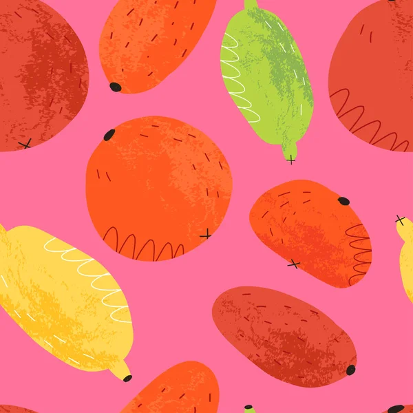 Patrón sin costuras de frutas cítricas en colores neón para textiles, estampado de tela. Naranja, lima, limón, kumquat, mandarina. — Vector de stock