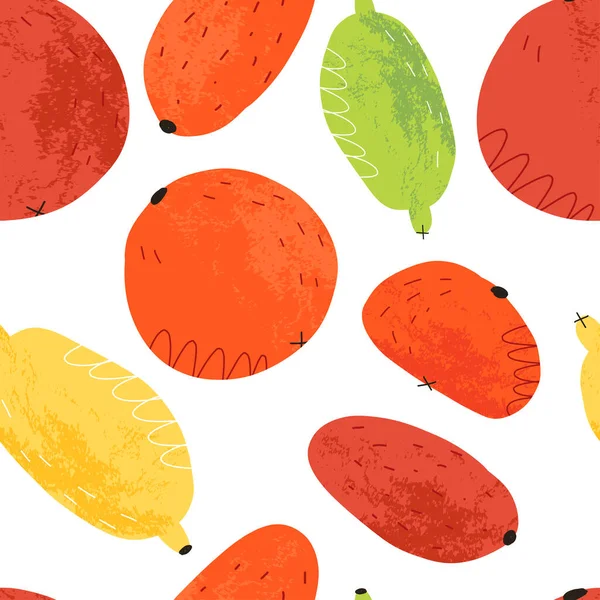 Patrón sin costuras de frutas cítricas en colores neón para textiles, estampado de tela. Naranja, lima, limón, kumquat, mandarina. — Vector de stock