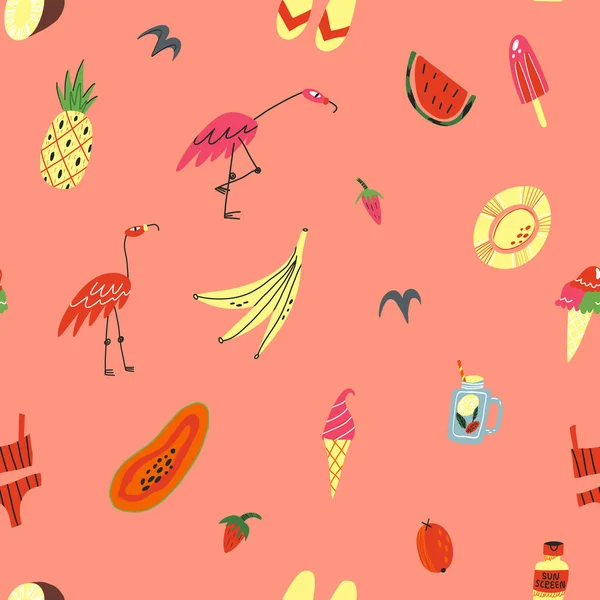 Verano lindo vector patrón sin costura sobre fondo rosa. Flamencos, protector solar, frutas, bebidas refrescantes, cono de helado. — Vector de stock