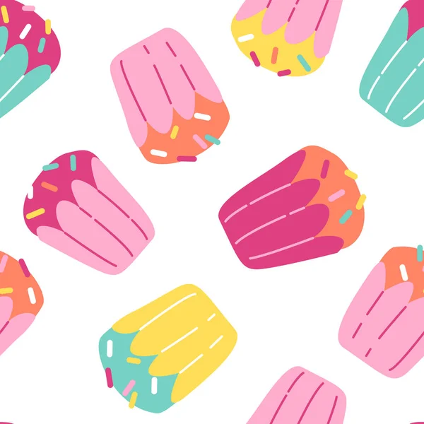 Cupcakes mignons, muffins avec des saupoudres motif sans couture. Pâtisserie sucrée, illustration isolée pour impression en tissu, etc. — Image vectorielle