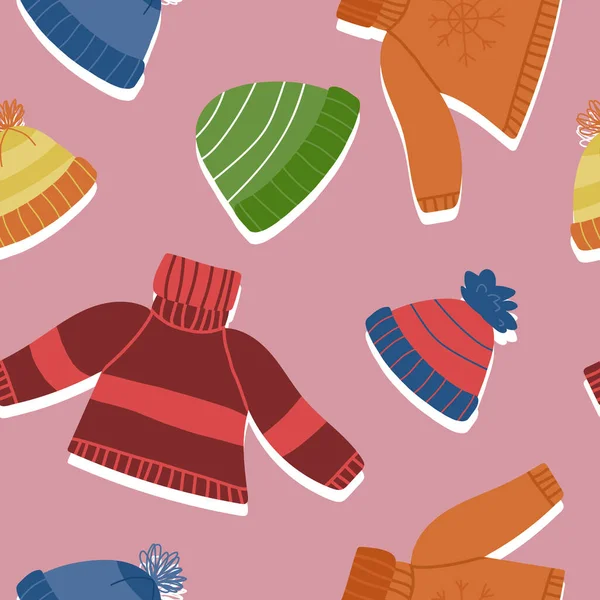 Ciepłe ubrania bezszwowy wzór. Słodkie swetry na drutach, czapki z pomponami, ciepłe czapki. Ilustracja wyizolowana z kreskówki. — Wektor stockowy